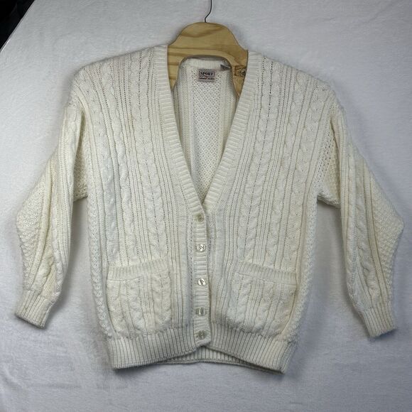 Vintage Carriage Court‎ Button Cardigan Sweater Women’s Large White Cable Knit - Picture 1 of 16
